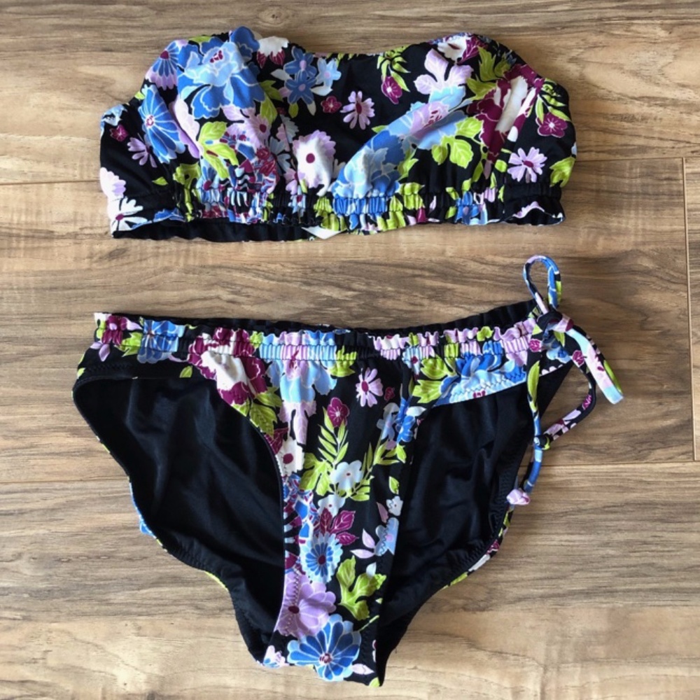 J. Crew Black Floral Bandeau Bikini M